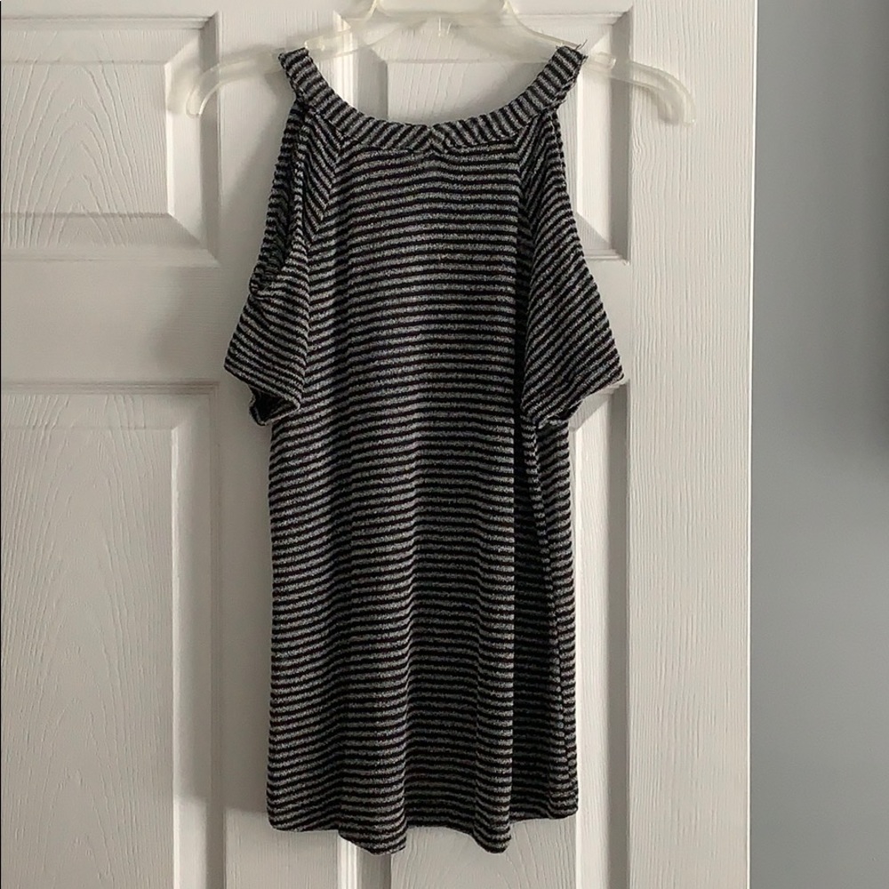 Hayden open shoulder black and gray stripe shirt.